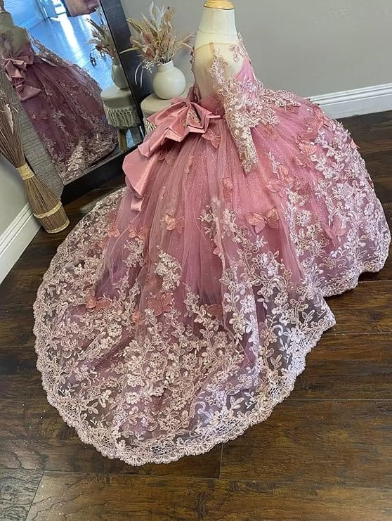 Sunnypetal Lace Long Sleeve Ball Gown Flower Girl Dress with 3D Butterflies and Satin Bow