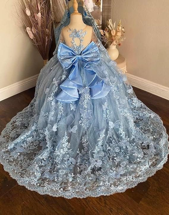 Sunnypetal Lace Long Sleeve Ball Gown Flower Girl Dress with 3D Butterflies and Satin Bow