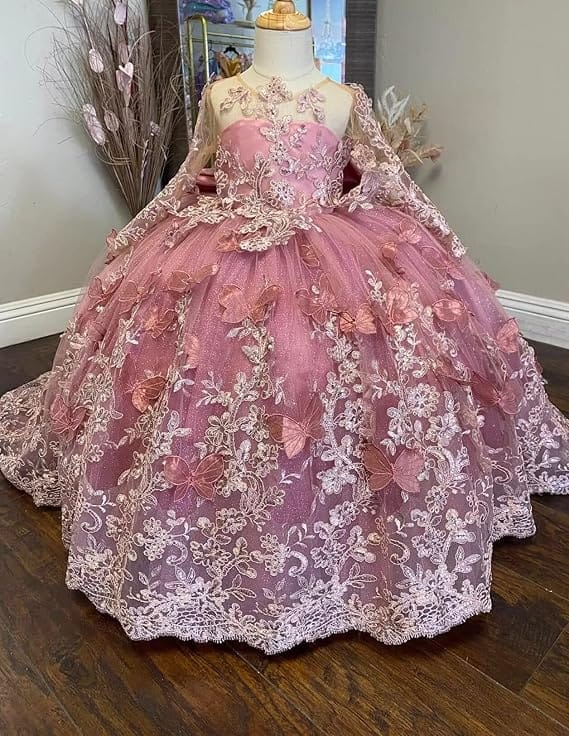 Sunnypetal Lace Long Sleeve Ball Gown Flower Girl Dress with 3D Butterflies and Satin Bow