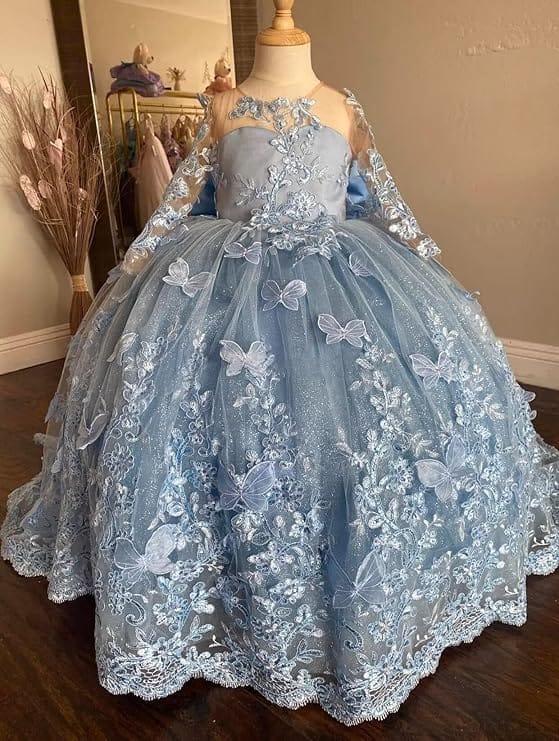 Sunnypetal Lace Long Sleeve Ball Gown Flower Girl Dress with 3D Butterflies and Satin Bow