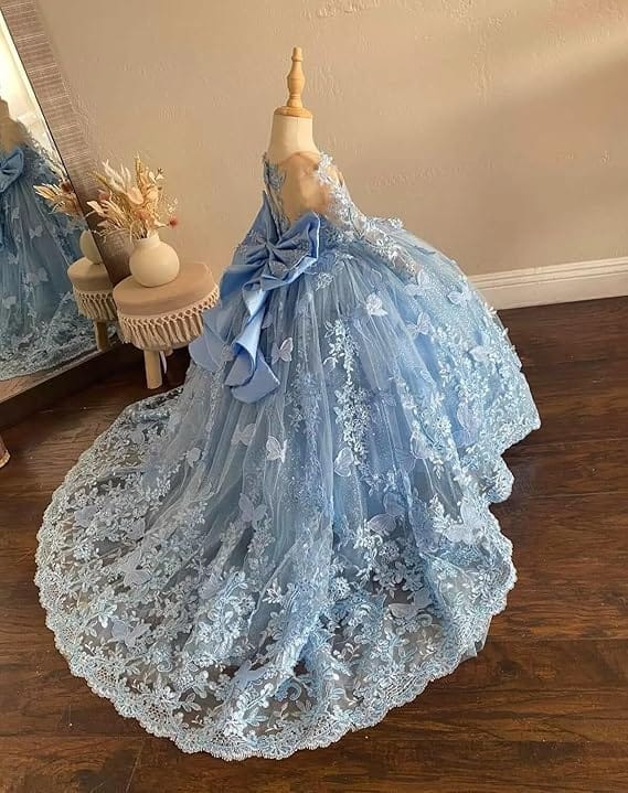 Sunnypetal Lace Long Sleeve Ball Gown Flower Girl Dress with 3D Butterflies and Satin Bow