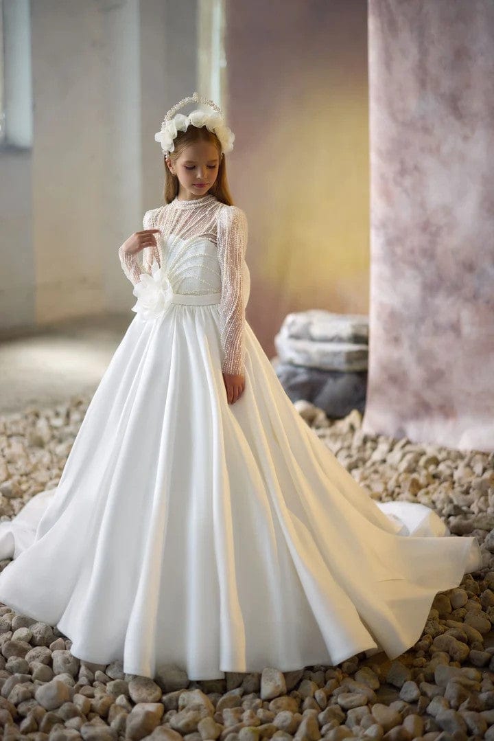Sunnypetal Lace Long Sleeves Vintage High Neck Faith Communion Gown with 3D Flower