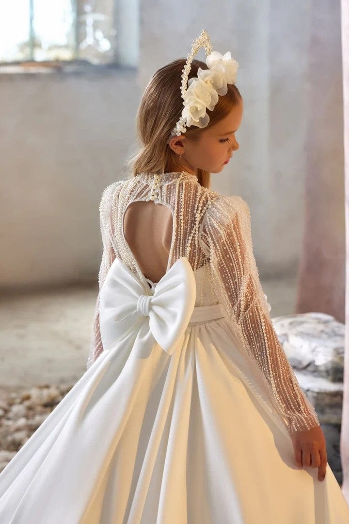 Sunnypetal Lace Long Sleeves Vintage High Neck Faith Communion Gown with 3D Flower