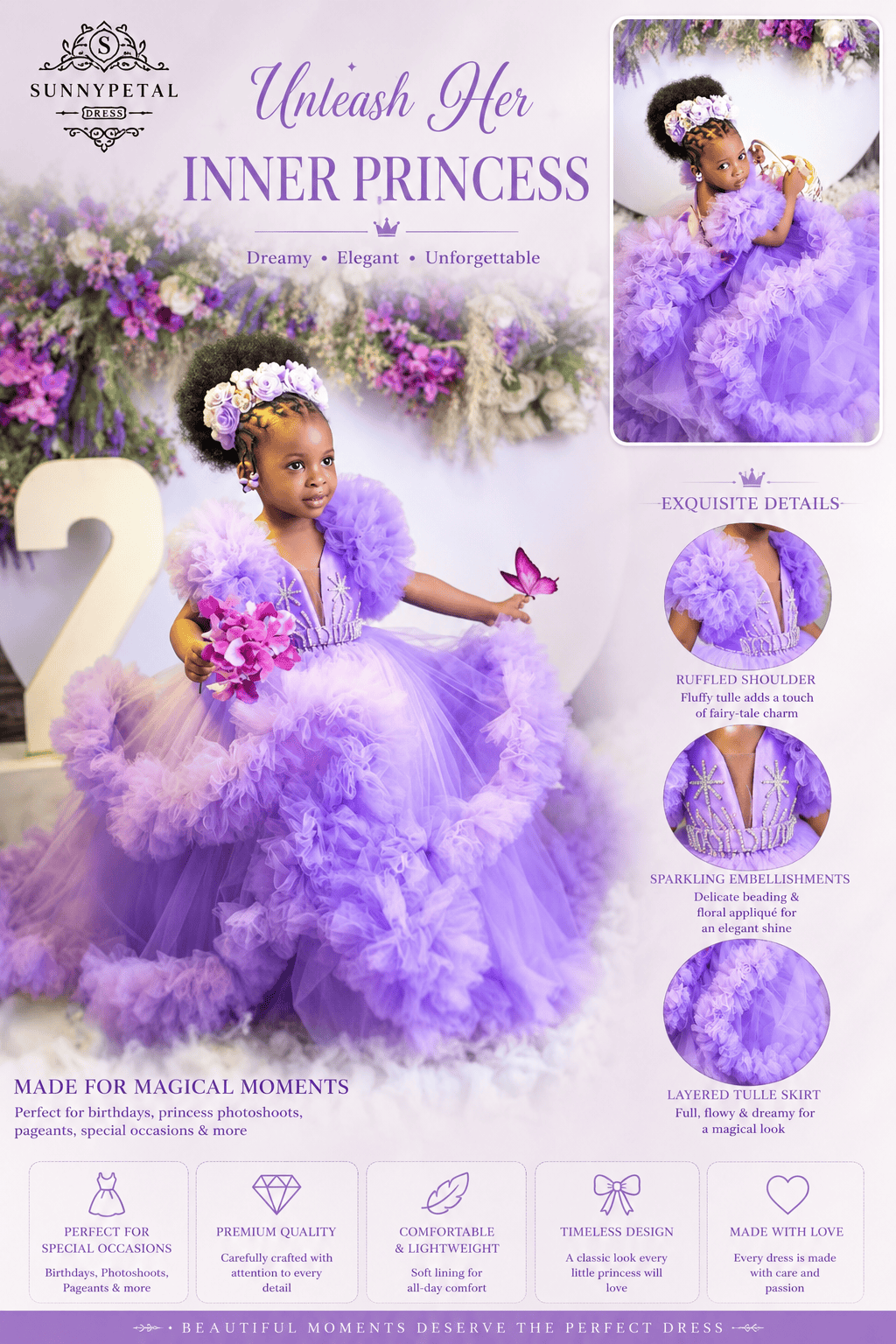 Sunnypetal Lavender Ruffles Tulle Flower Girl Dresses Baby Kids Pageant Gowns