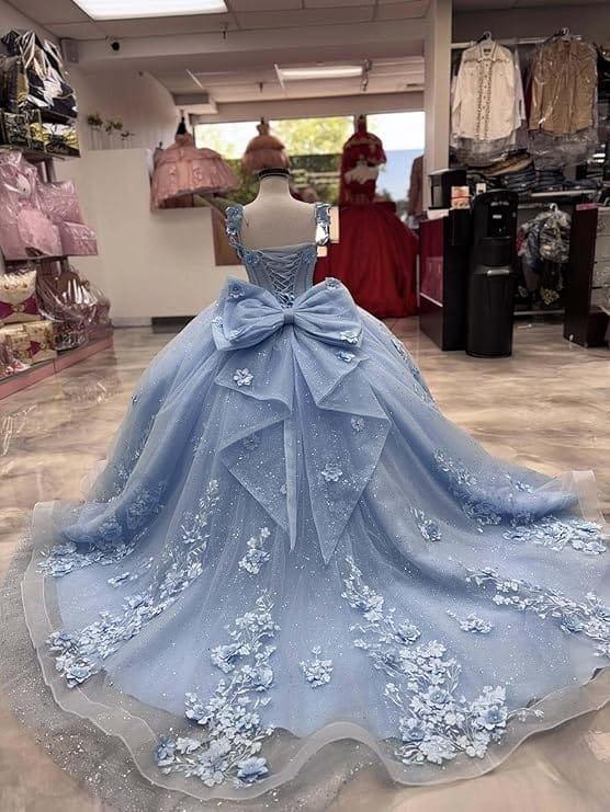 Sunnypetal Light Blue 3D Floral Appliqué Tulle Ball Gown Flower Girl Dress with Bow