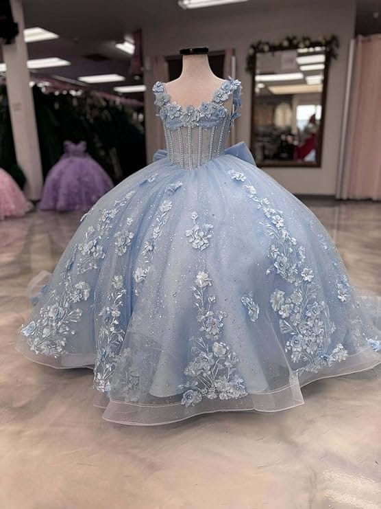 Sunnypetal Light Blue 3D Floral Appliqué Tulle Ball Gown Flower Girl Dress with Bow