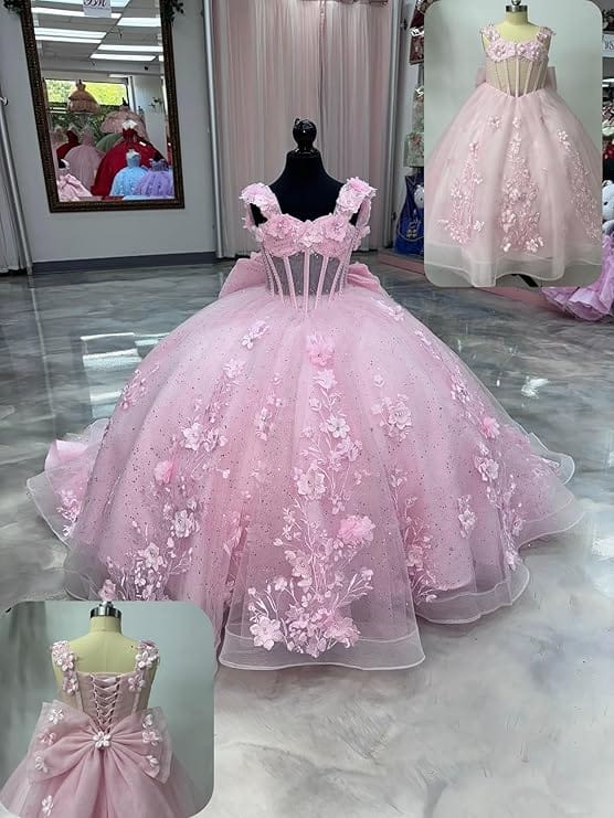 Sunnypetal Light Blue 3D Floral Appliqué Tulle Ball Gown Flower Girl Dress with Bow
