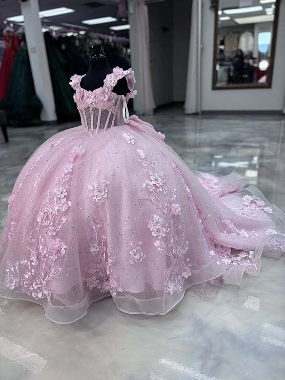 Sunnypetal Light Blue 3D Floral Appliqué Tulle Ball Gown Flower Girl Dress with Bow