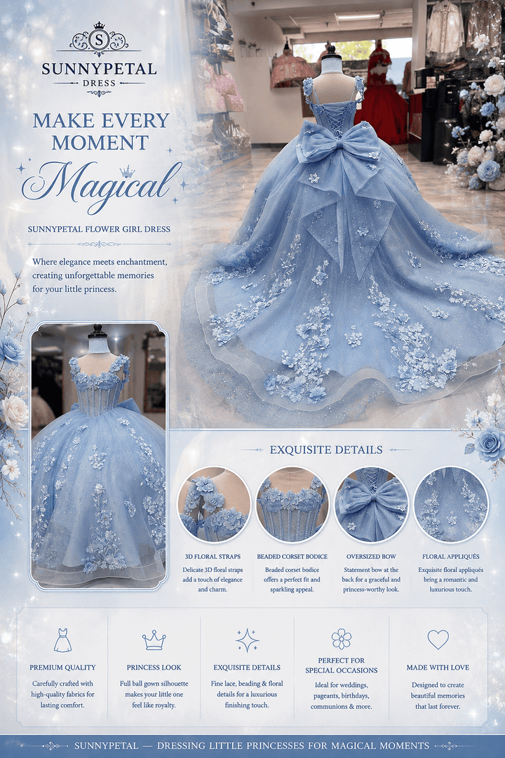 Sunnypetal Light Blue 3D Floral Appliqué Tulle Ball Gown Flower Girl Dress with Bow