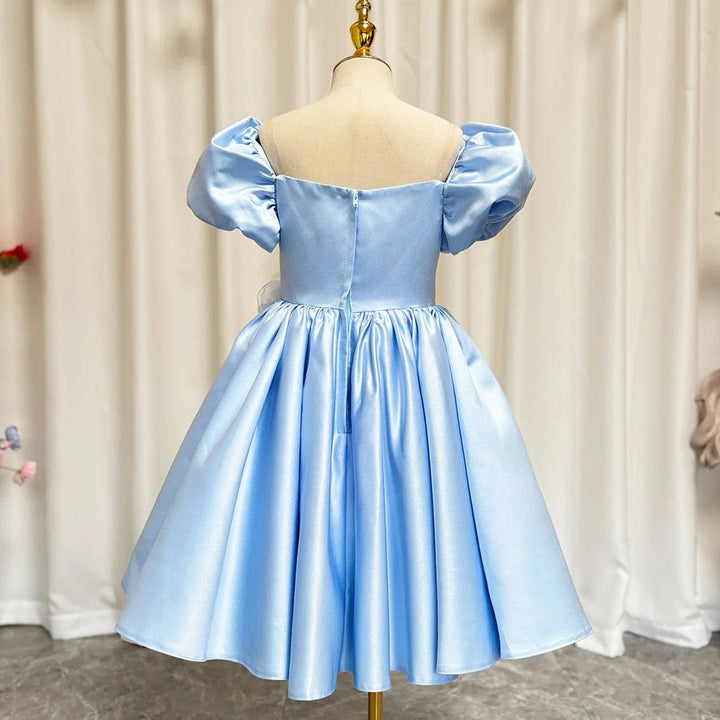 Sunnypetal Light Blue Blossom – Puff Sleeve Satin Flower Girl Dress