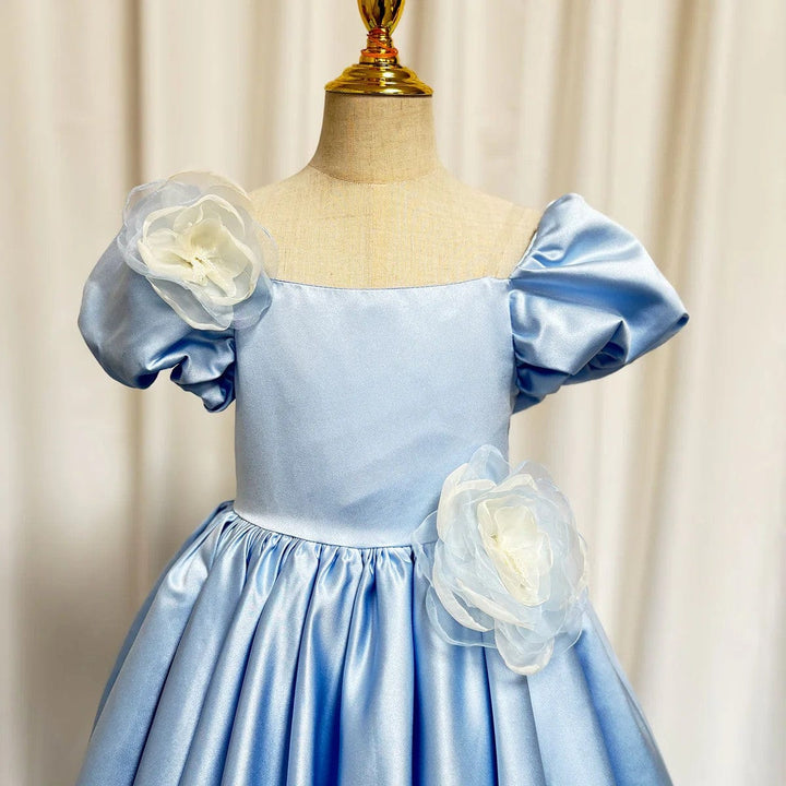 Sunnypetal Light Blue Blossom – Puff Sleeve Satin Flower Girl Dress