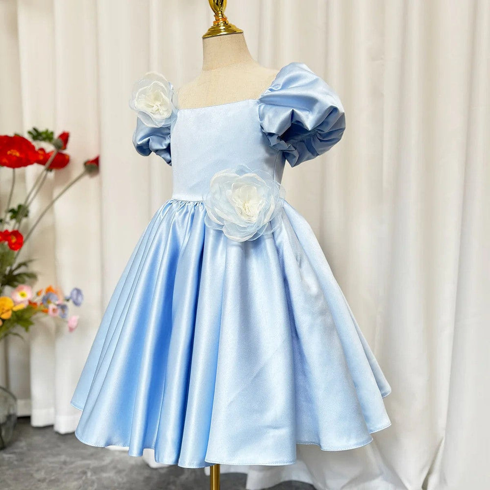 Sunnypetal Light Blue Blossom – Puff Sleeve Satin Flower Girl Dress