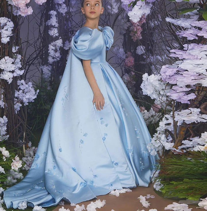 Sunnypetal Light Blue Satin Flower Girl Gown with 3D Floral Embroidery and Royal Cape Train