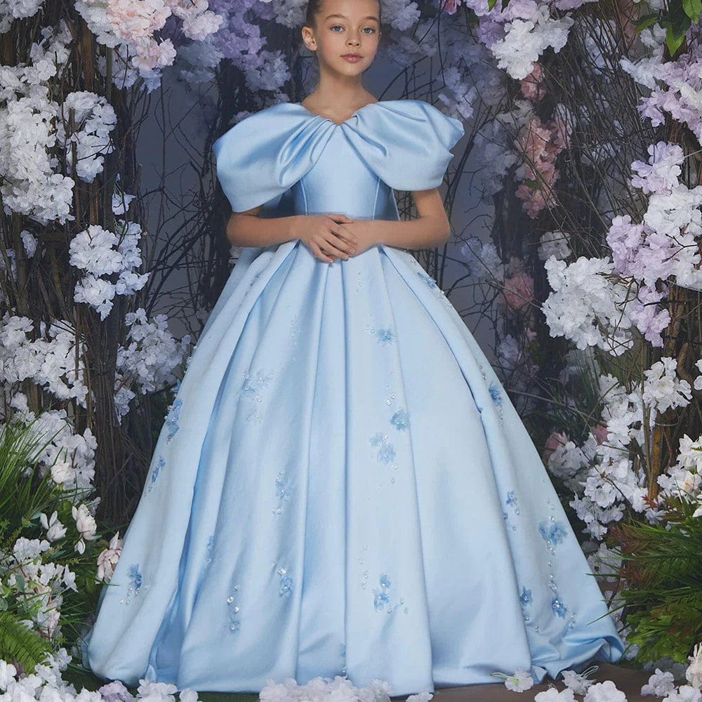 Sunnypetal Light Blue Satin Flower Girl Gown with 3D Floral Embroidery and Royal Cape Train