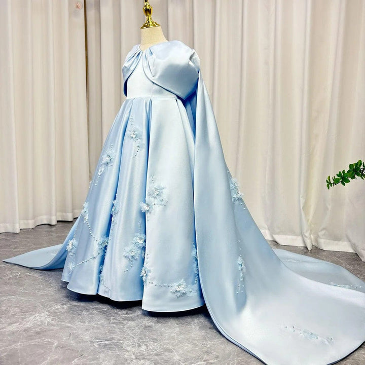 Sunnypetal Light Blue Satin Flower Girl Gown with 3D Floral Embroidery and Royal Cape Train