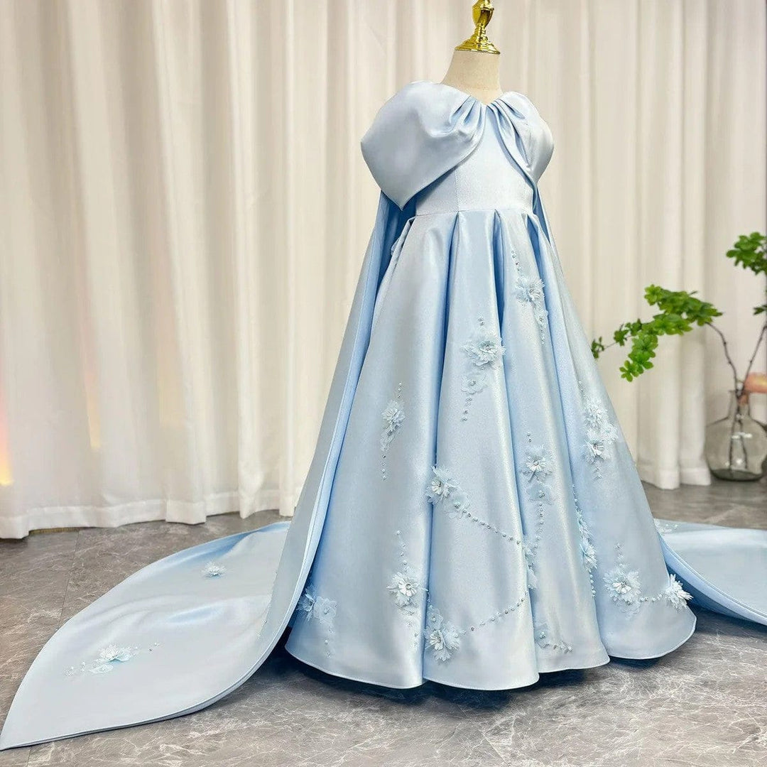 Sunnypetal Light Blue Satin Flower Girl Gown with 3D Floral Embroidery and Royal Cape Train