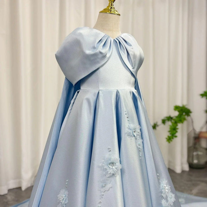 Sunnypetal Light Blue Satin Flower Girl Gown with 3D Floral Embroidery and Royal Cape Train