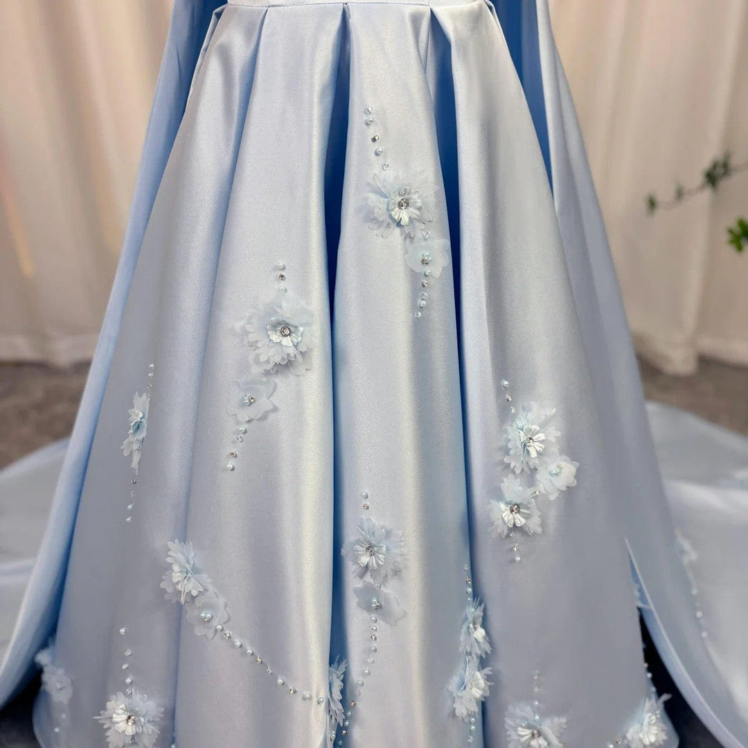 Sunnypetal Light Blue Satin Flower Girl Gown with 3D Floral Embroidery and Royal Cape Train
