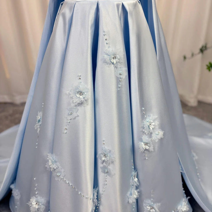 Sunnypetal Light Blue Satin Flower Girl Gown with 3D Floral Embroidery and Royal Cape Train