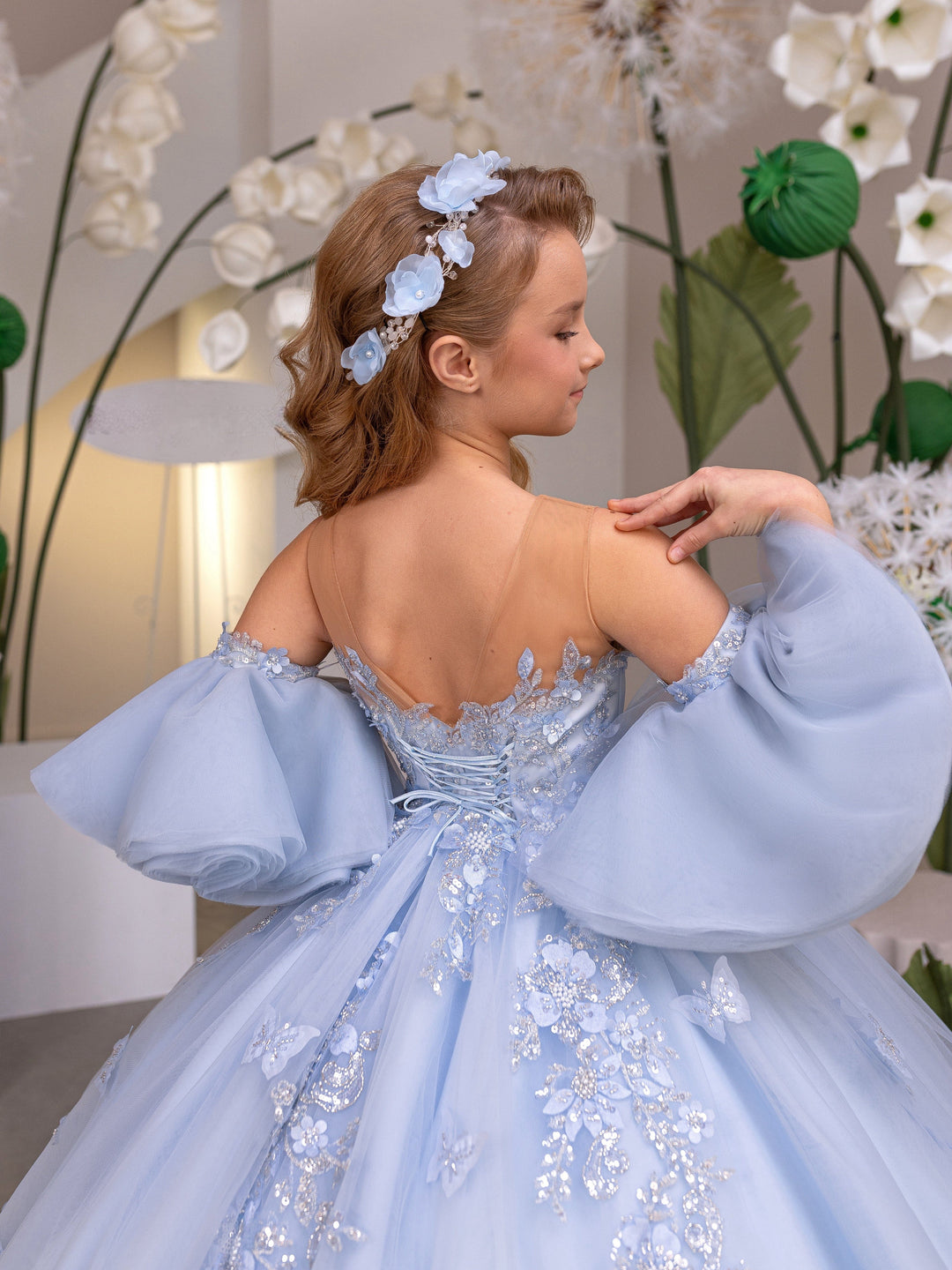 Sunnypetal Light Blue Tulle Flower Girl Ball Gown with Detachable Puff Sleeves