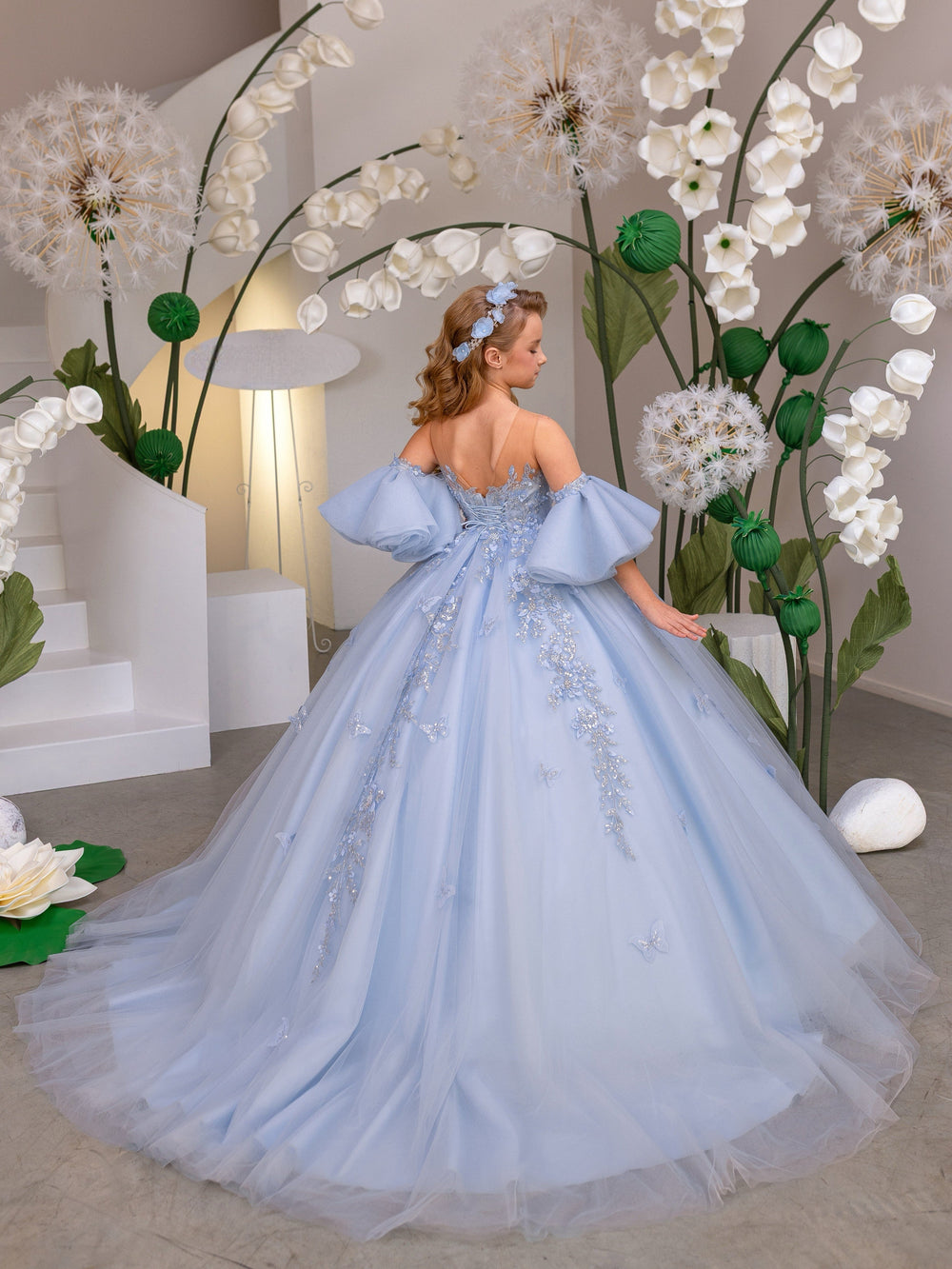 Sunnypetal Light Blue Tulle Flower Girl Ball Gown with Detachable Puff Sleeves