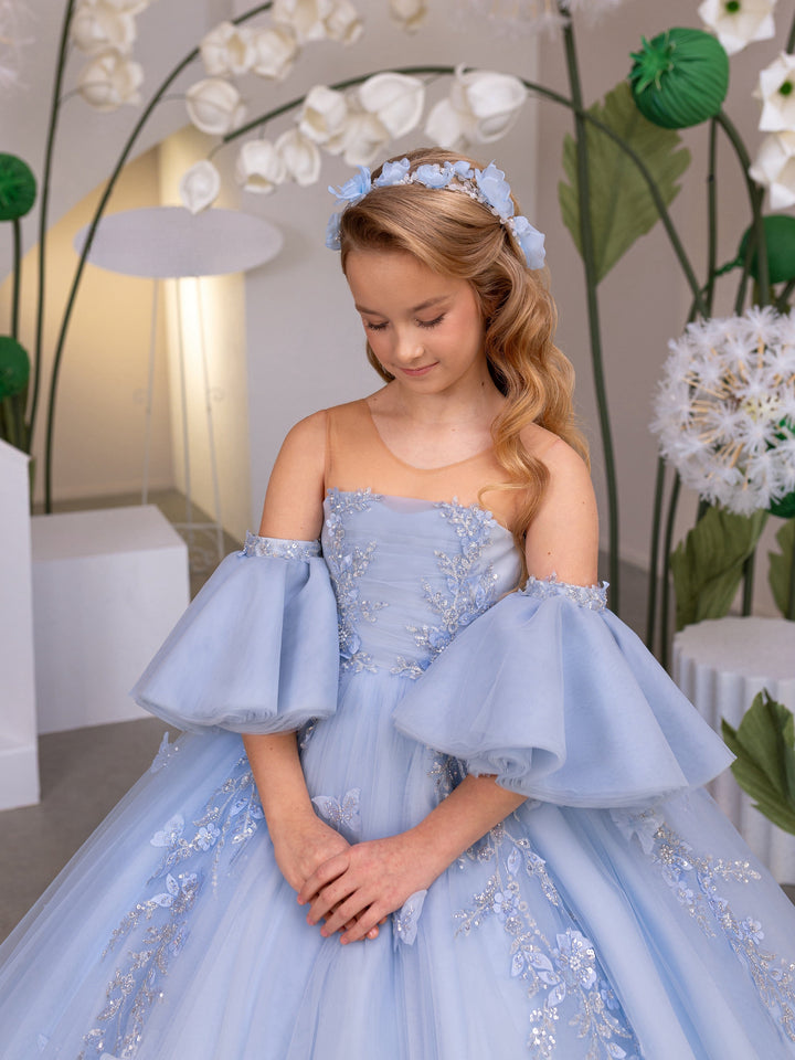 Sunnypetal Light Blue Tulle Flower Girl Ball Gown with Detachable Puff Sleeves