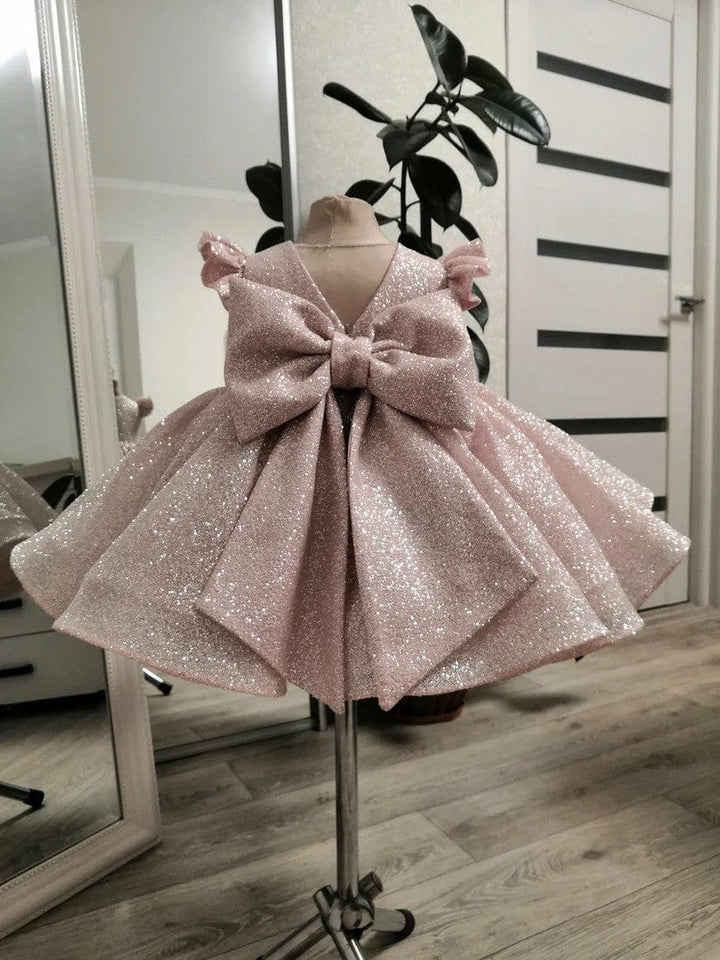 Sunnypetal Light Pink Puff Sleeves Sequined Knee-Length Baby Girl Dress