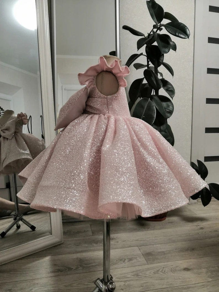Sunnypetal Light Pink Puff Sleeves Sequined Knee-Length Baby Girl Dress