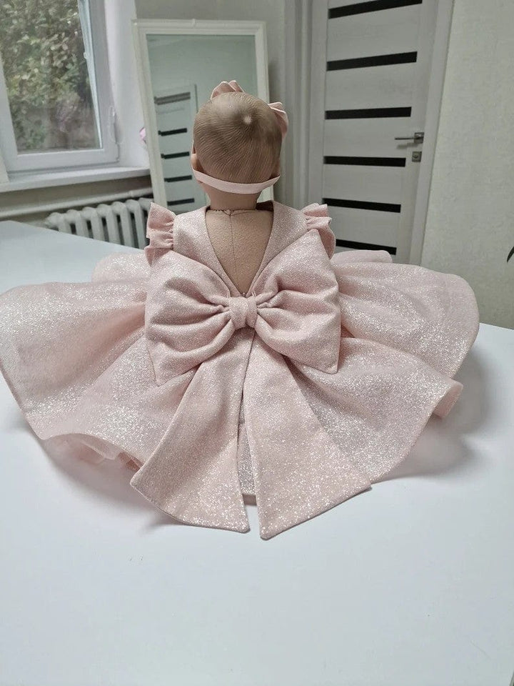 Sunnypetal Light Pink Puff Sleeves Sequined Knee-Length Baby Girl Dress