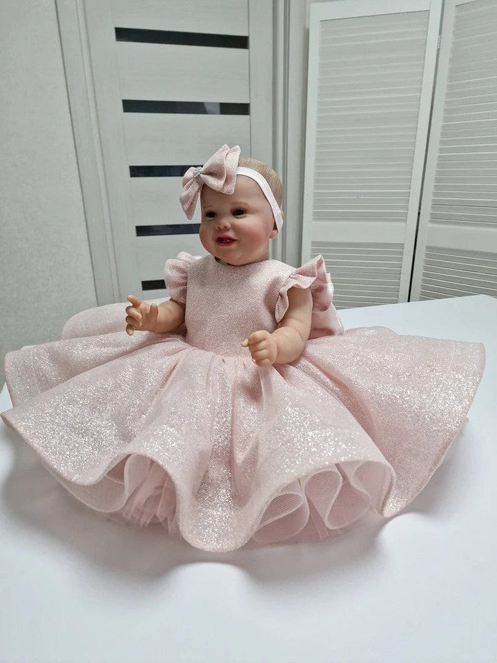 Sunnypetal Light Pink Puff Sleeves Sequined Knee-Length Baby Girl Dress