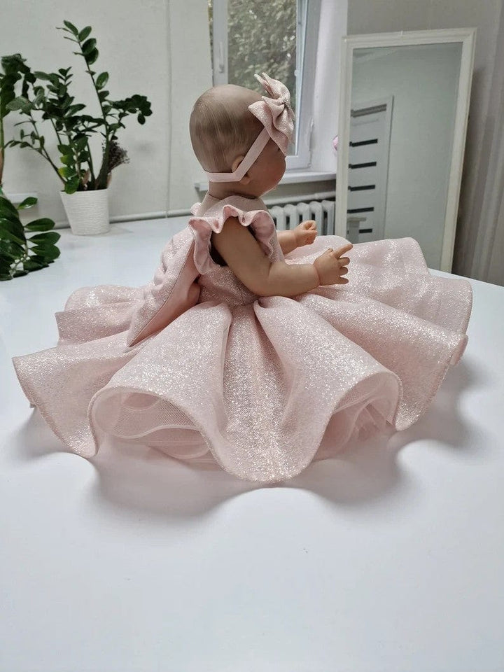 Sunnypetal Light Pink Puff Sleeves Sequined Knee-Length Baby Girl Dress