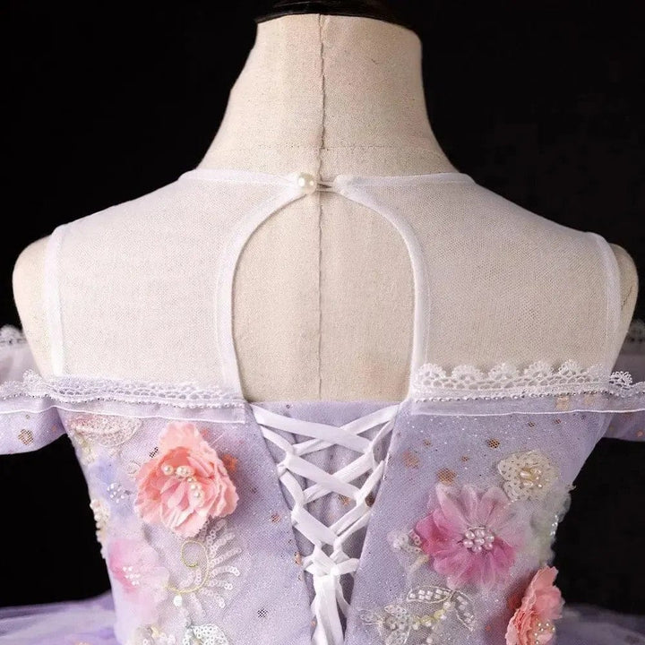 Sunnypetal Lilac 3D Floral Ruffle Flower Girl Dress with Pearls and Sequins