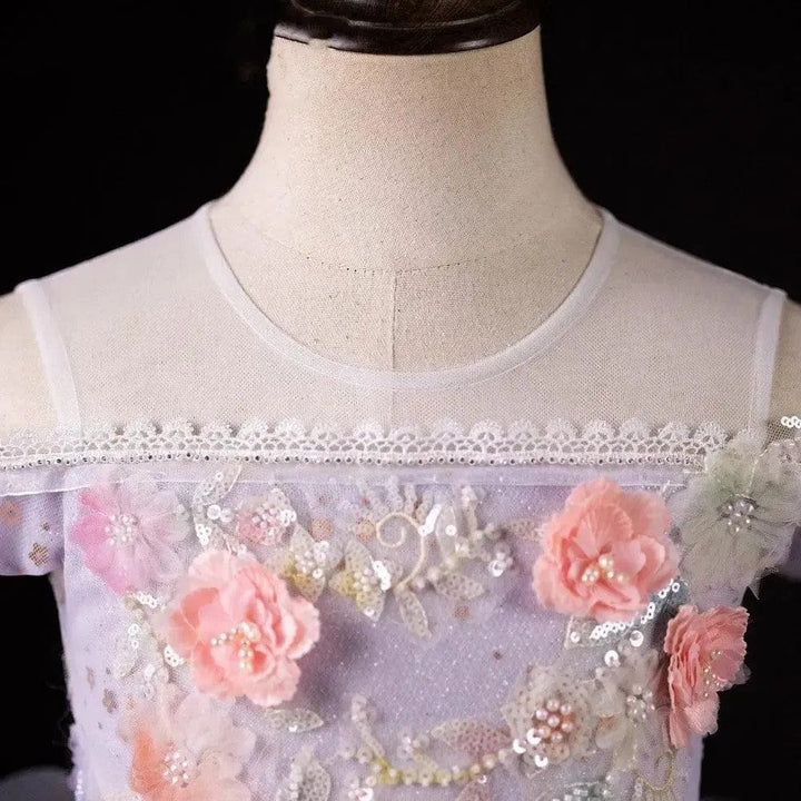 Sunnypetal Lilac 3D Floral Ruffle Flower Girl Dress with Pearls and Sequins