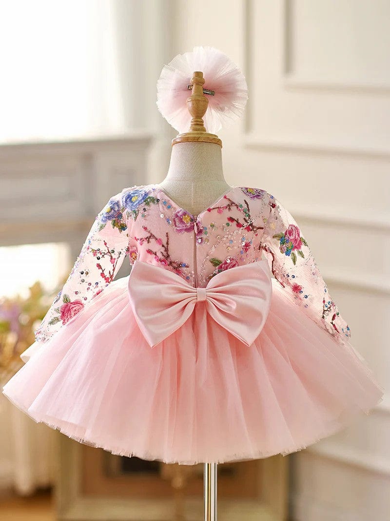 Sunnypetal Lilac Long Sleeves Floral Embroidery Puff Tulle Flower Girl Dresses