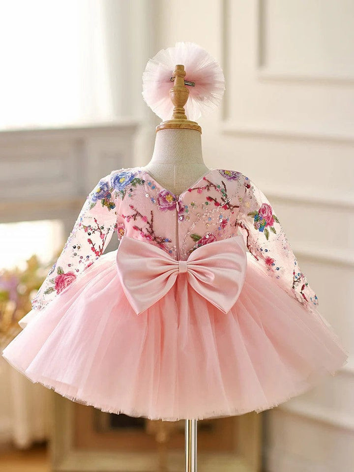 Sunnypetal Lilac Long Sleeves Floral Embroidery Puff Tulle Flower Girl Dresses