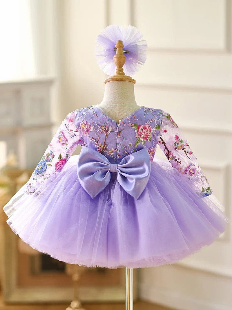 Sunnypetal Lilac Long Sleeves Floral Embroidery Puff Tulle Flower Girl Dresses