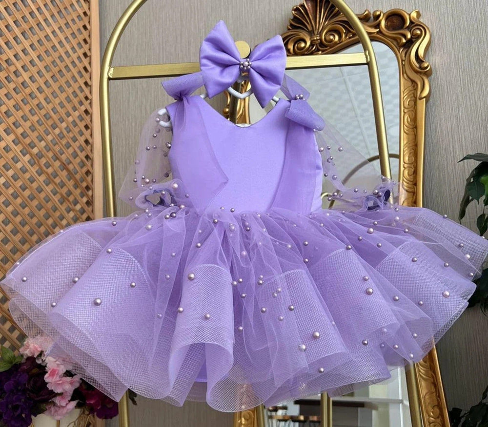 Sunnypetal Lilac Sleeveless Bows Beaded Knee-Length Flower Girl Dresses