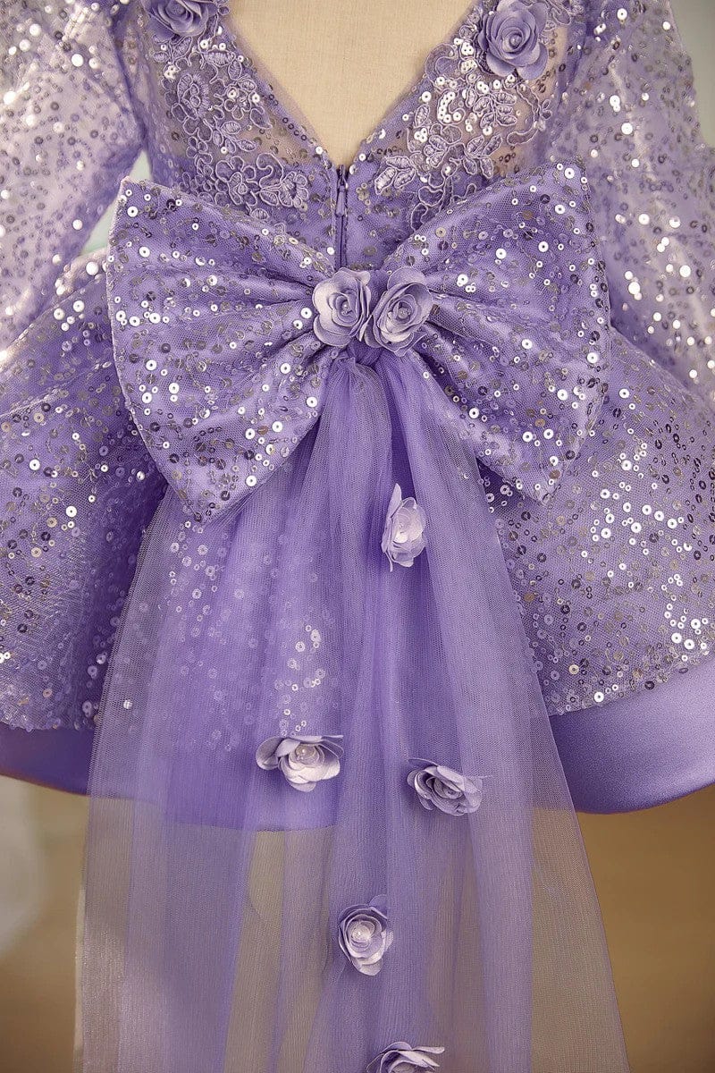 Sunnypetal Lilac Sparkle Bloom Girl Dress with Bow and Floral Tulle Train