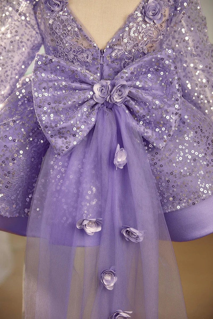 Sunnypetal Lilac Sparkle Bloom Girl Dress with Bow and Floral Tulle Train