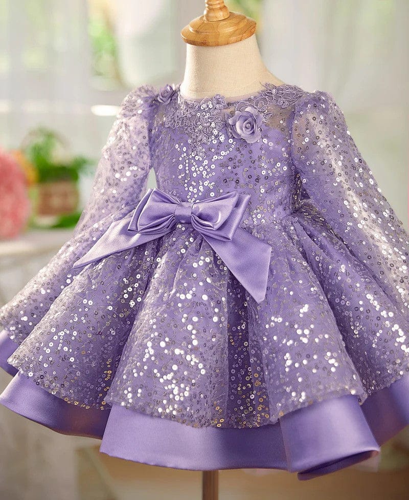 Sunnypetal Lilac Sparkle Bloom Girl Dress with Bow and Floral Tulle Train
