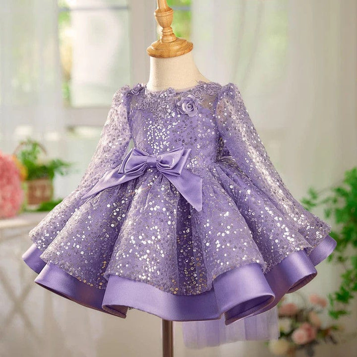 Sunnypetal Lilac Sparkle Bloom Girl Dress with Bow and Floral Tulle Train