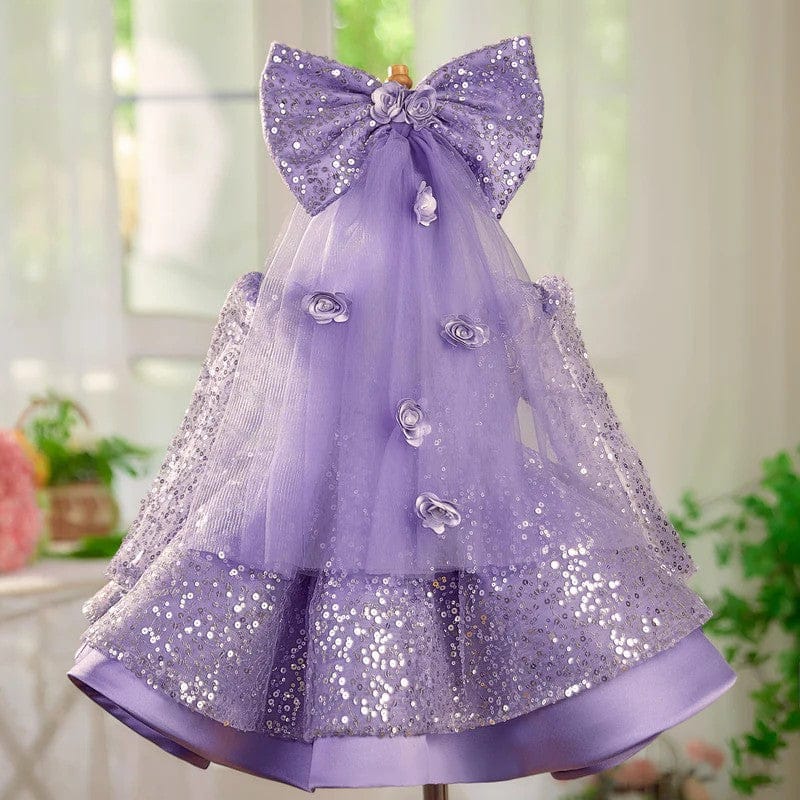 Sunnypetal Lilac Sparkle Bloom Girl Dress with Bow and Floral Tulle Train