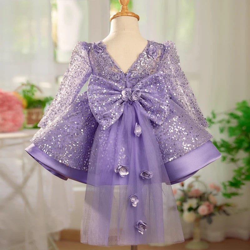 Sunnypetal Lilac Sparkle Bloom Girl Dress with Bow and Floral Tulle Train