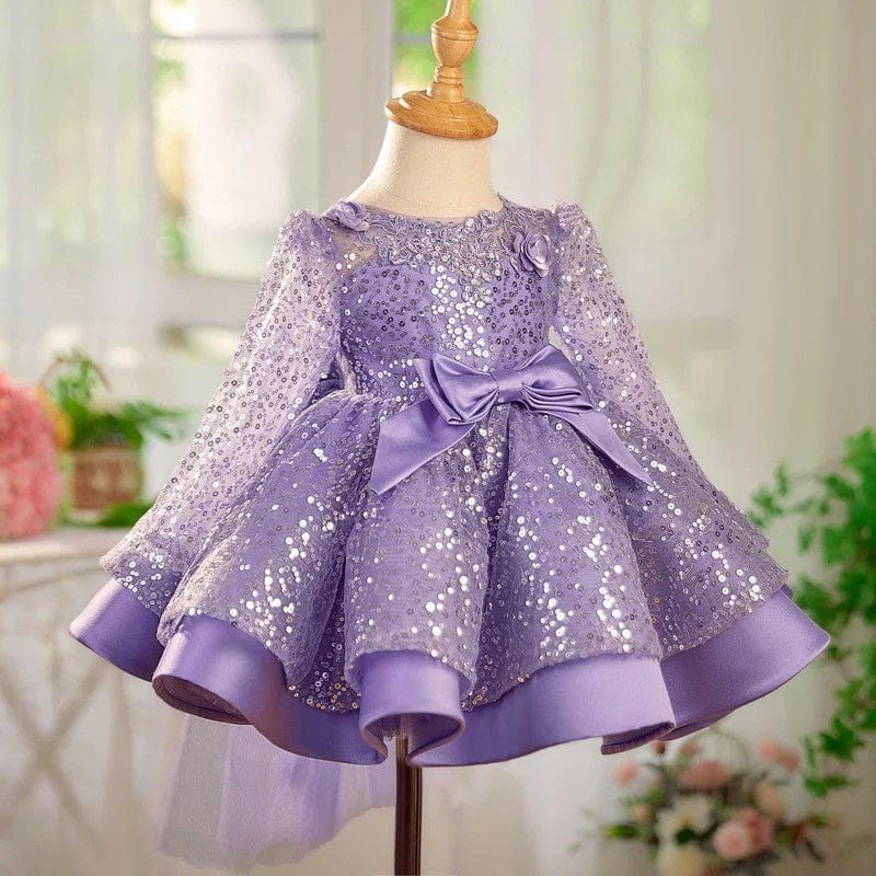Sunnypetal Lilac Sparkle Bloom Girl Dress with Bow and Floral Tulle Train