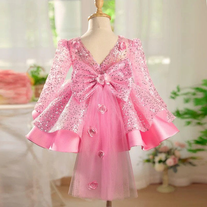 Sunnypetal Lilac Sparkle Bloom Girl Dress with Bow and Floral Tulle Train