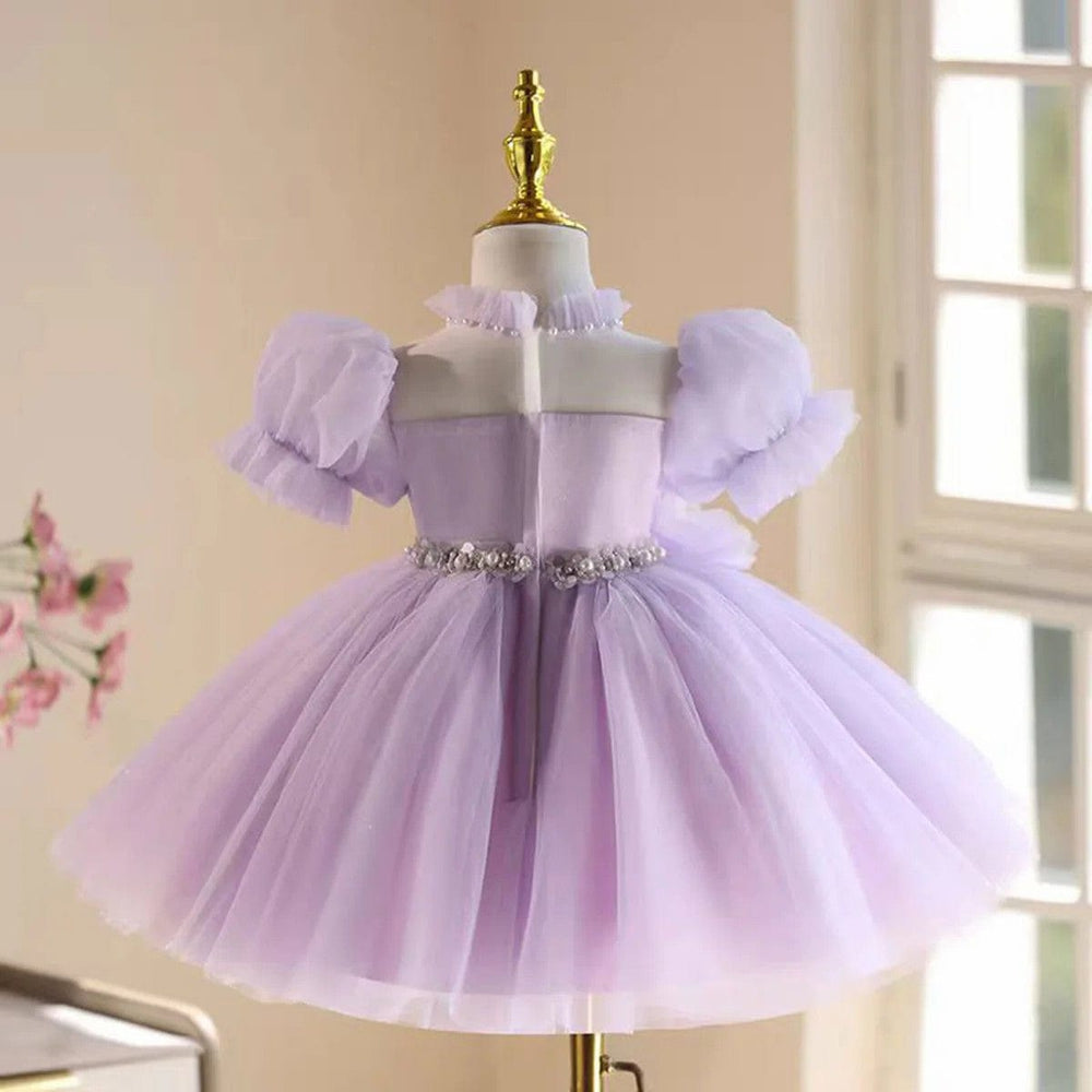 Sunnypetal Lilac Tulle Knee-Length Flower Girl Dress with Floral Applique&Pearls