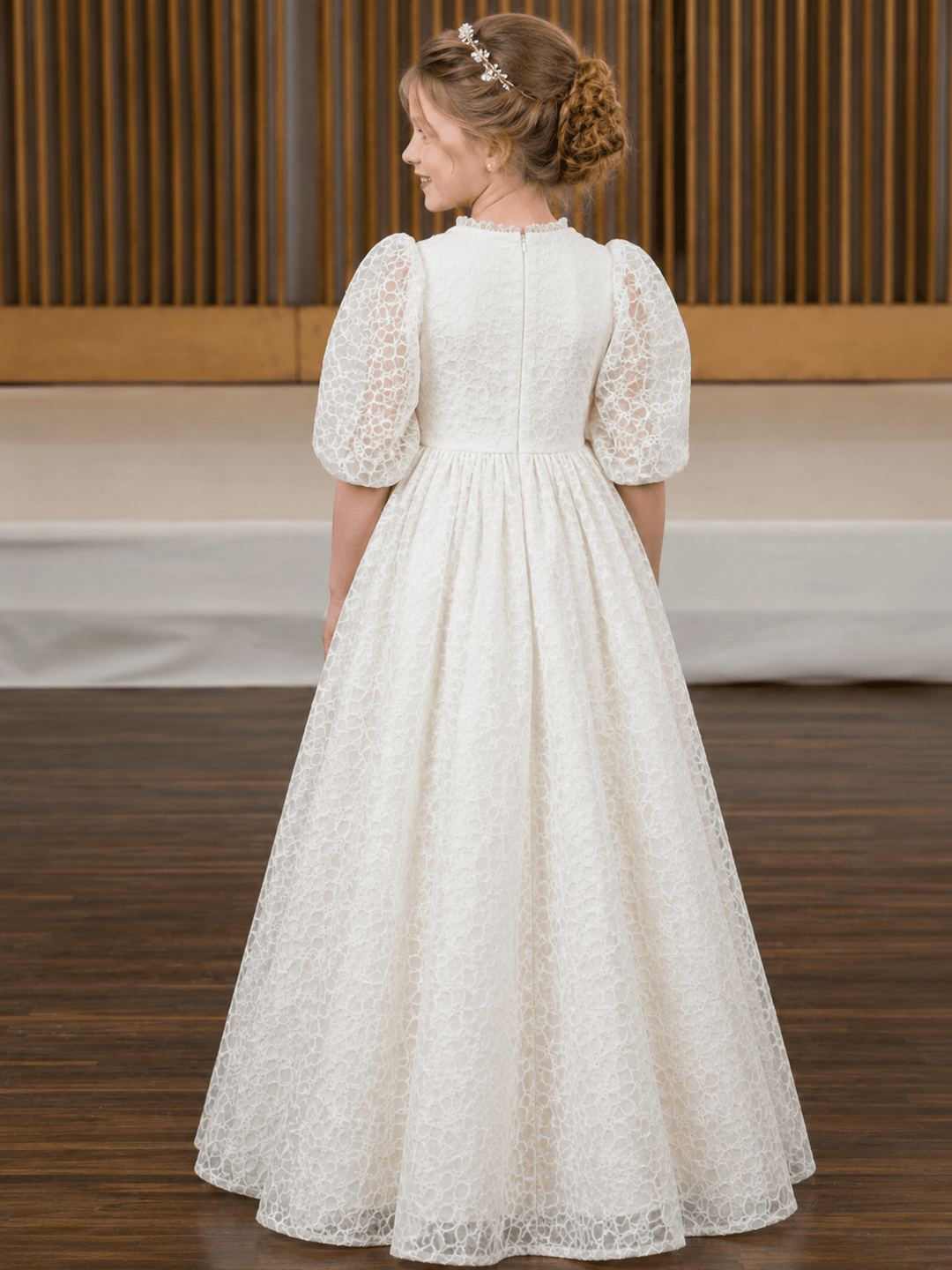 Sunnypetal Little Daisy Lace Flower Girl Dress Puffy Balloon Sleeve High Neck Party Dress