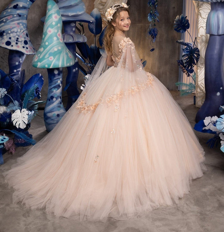 Sunnypetal Long Princess Tulle Sequins Flower Girl Dress With 3D Floral