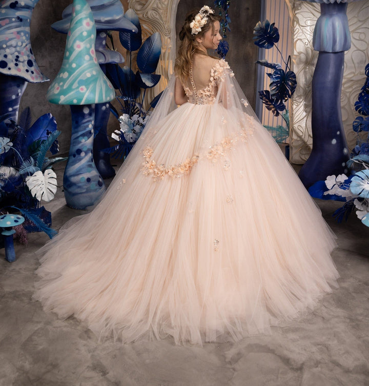 Sunnypetal Long Princess Tulle Sequins Flower Girl Dress With 3D Floral