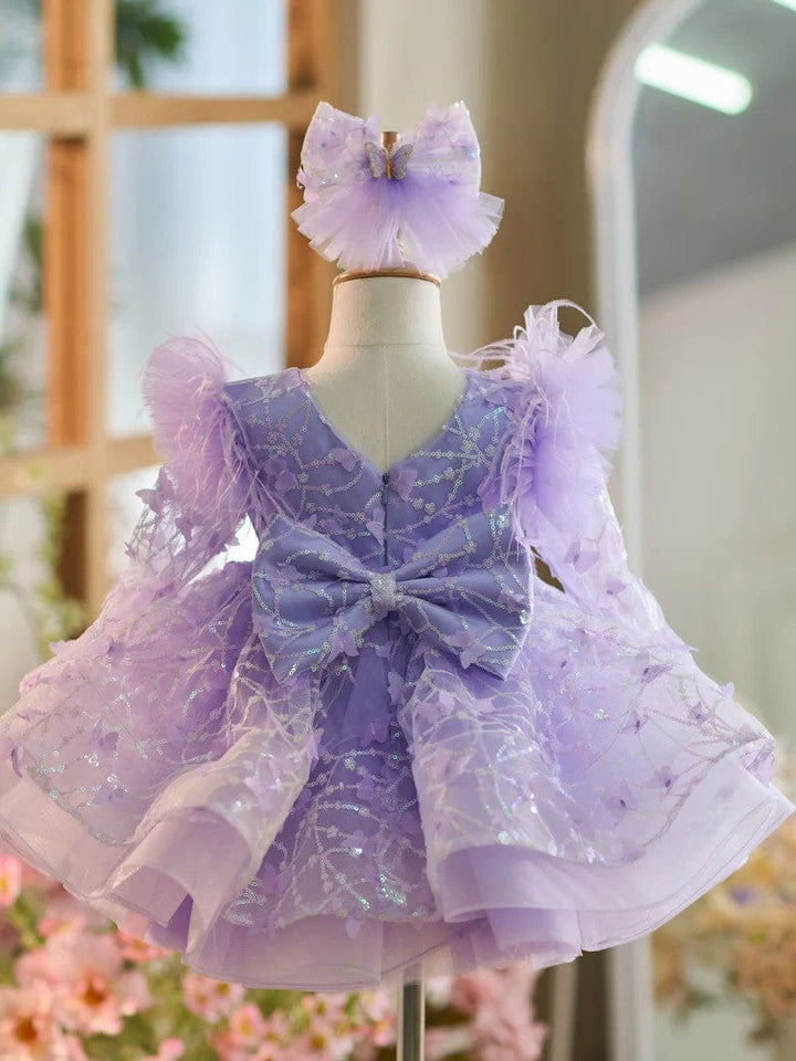 Sunnypetal Long Sleeves Cascading Ruffles Sequins Knee-Length Flower Girl Dresses with Bow